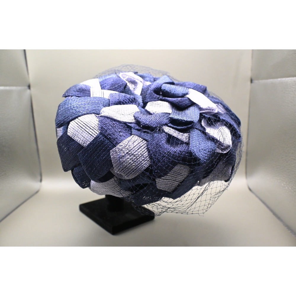 Vintage Navy Blue Silver Ribbon Hat Fascinator Netting Pillbox Cocktail Fashion
